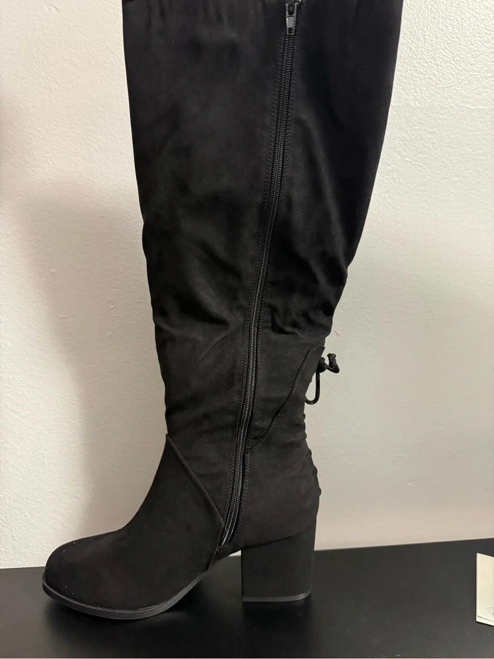 Journee Leeda Black Suede Over-The-Knee Lace-Back Block Heel Boots 8.5 Xtra Wide